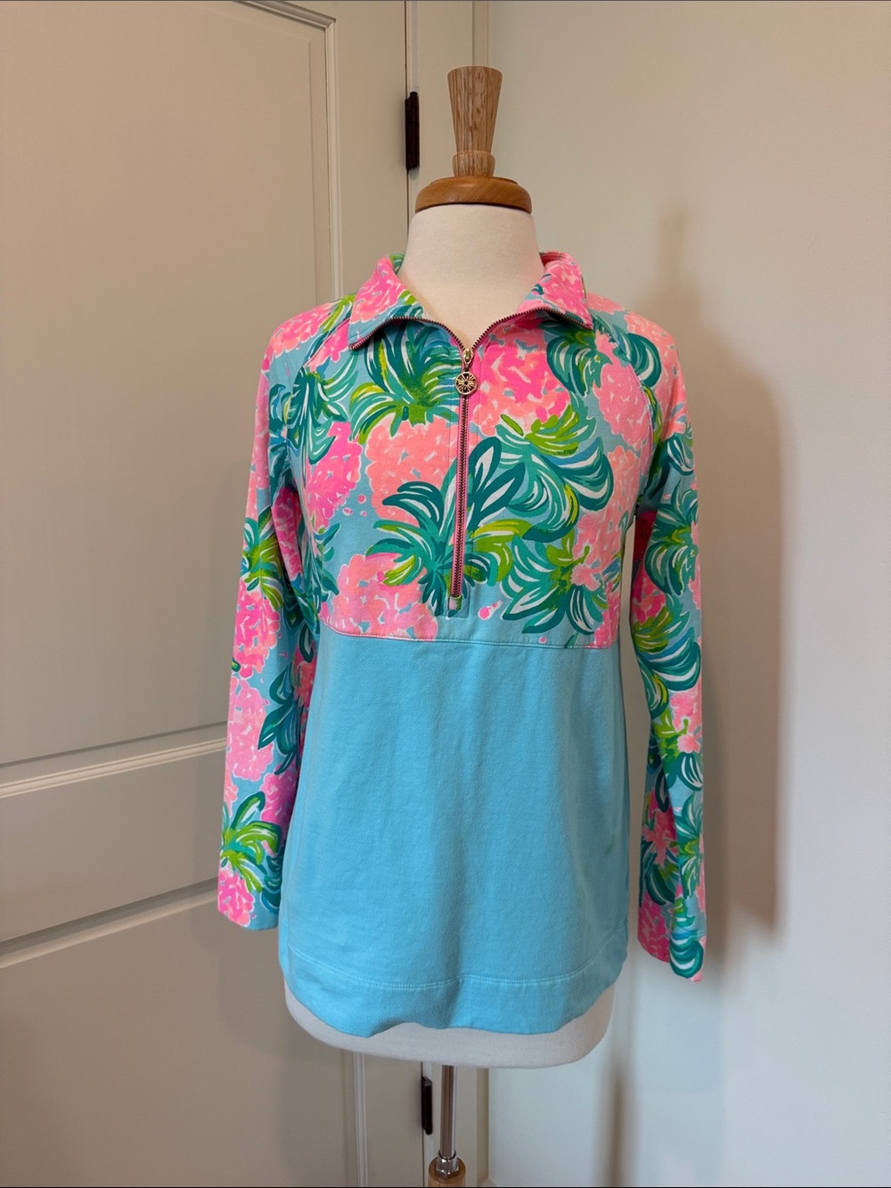 Lily Pulitzer Floral Half-Zip Pullover Top - Pink & Aqua